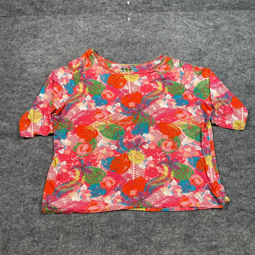 Palm Grove Womens 3X Tropical Floral Hibiscus Monstera Pink Rayon Spandex Top